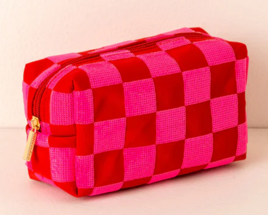 Checkered Sequin Cosmetic Bag